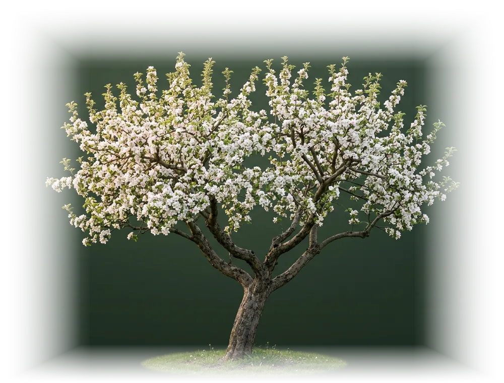 An apple tree through the year: bare in winter, pruned in February, in full bloom in April.