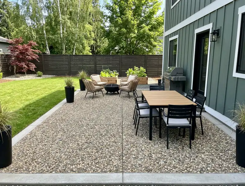 Exposed aggregate patio, 12 × 16 ft, set for company on a summer morning