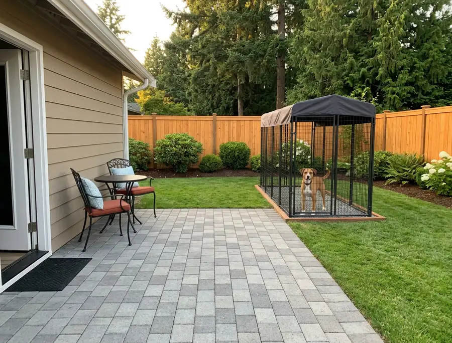 Standard covered dog run, 5 × 10 ft, on gravel, beside the patio, summer