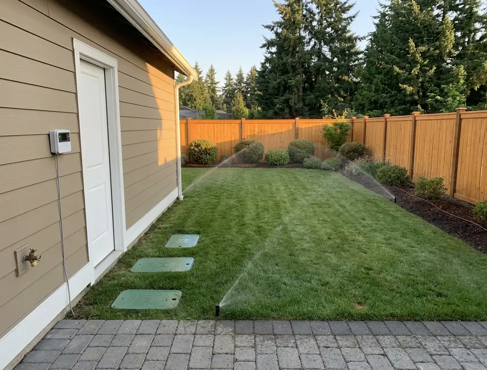Smart sprinklers at dawn: rotors on the lawn, sprays at the lawn’s edges, drip in the beds